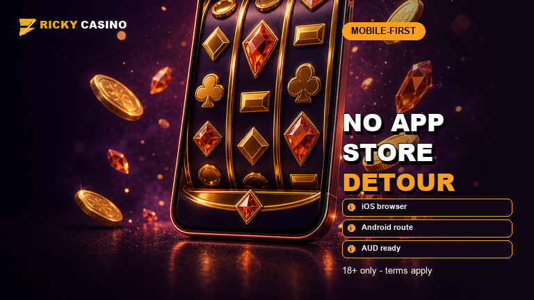 Ricky Casino mobile access artwork with phone and slot reels